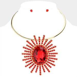 Siam Red Oval Sunburst Pendant Choker Necklace Abstract Statement Crystal Set